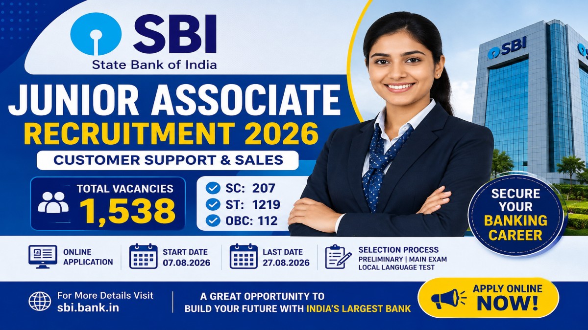 SBI Junior Associate Recruitment 2026 Notification for 1538 Customer Support and Sales Vacancies Apply Online Before 27 August 2026