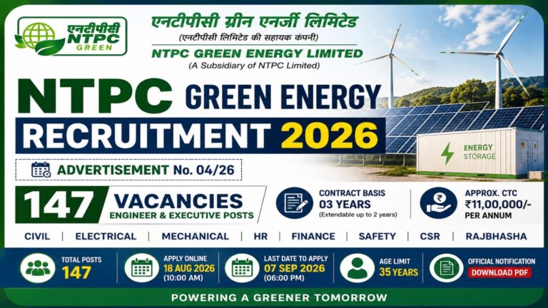 NTPC Green Energy Recruitment 2026 for 147 Engineer and Executive vacancies