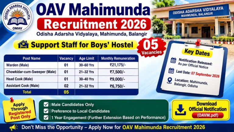 OAV Mahimunda Recruitment 2026 for Boys Hostel Support Staff