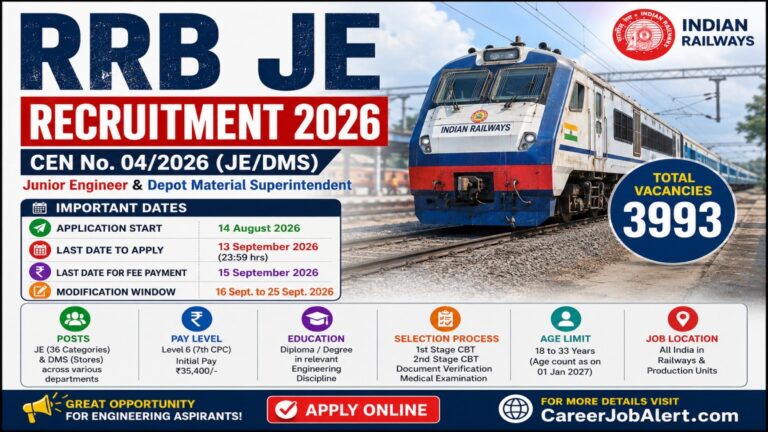 RRB JE Recruitment 2026 notification for 3993 Junior Engineer and DMS vacancies
