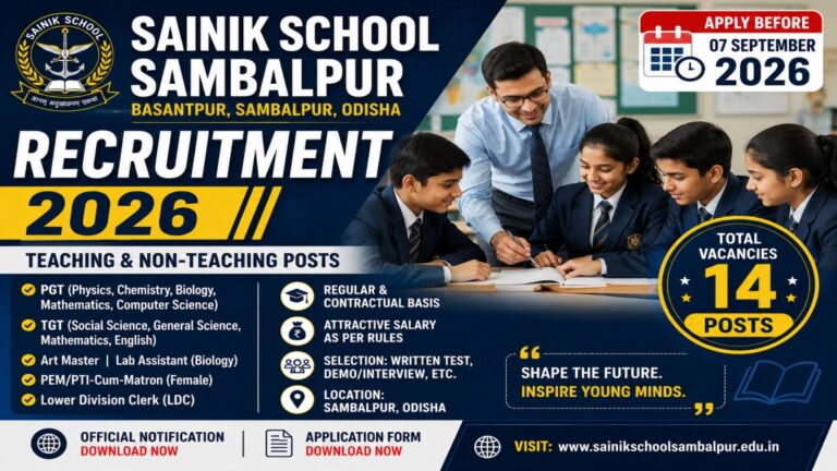 Sainik School Sambalpur Recruitment 2026 for 14 teaching and non-teaching posts