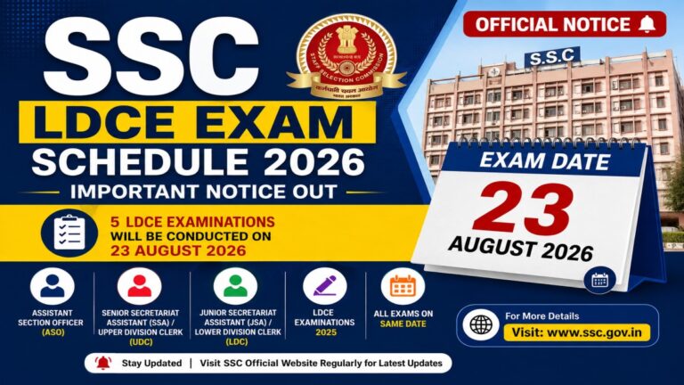 SSC LDCE Exam Schedule 2026 official notice with exam date 23 August 2026 for ASO SSA JSA UDC and LDC examinations