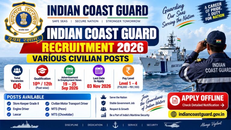 Indian Coast Guard Recruitment 2026 for 6 civilian vacancies