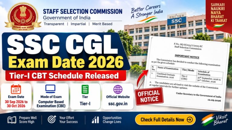 SSC CGL Exam Date 2026 Tier-I CBT schedule from 30 September to 30 October 2026