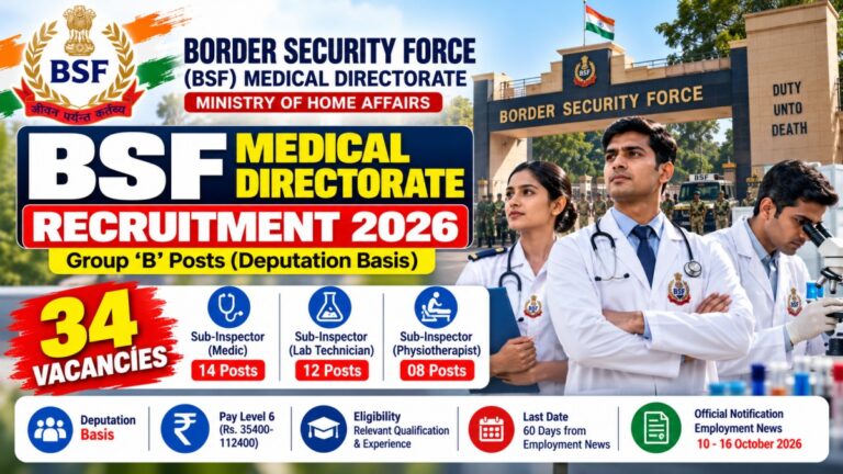 BSF Medical Directorate Recruitment 2026 for 34 Group B posts on deputation basis