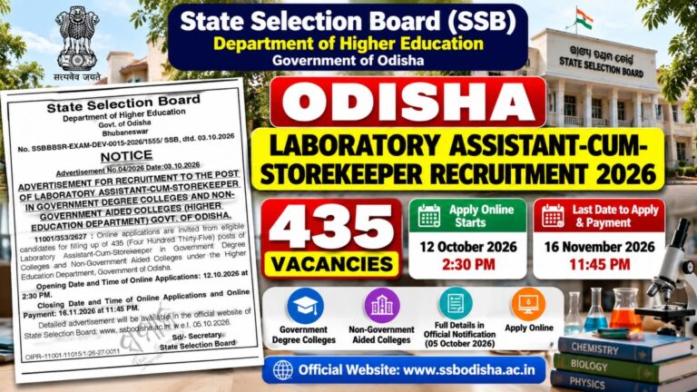 Odisha Laboratory Assistant-cum-Storekeeper Recruitment 2026 for 435 vacancies