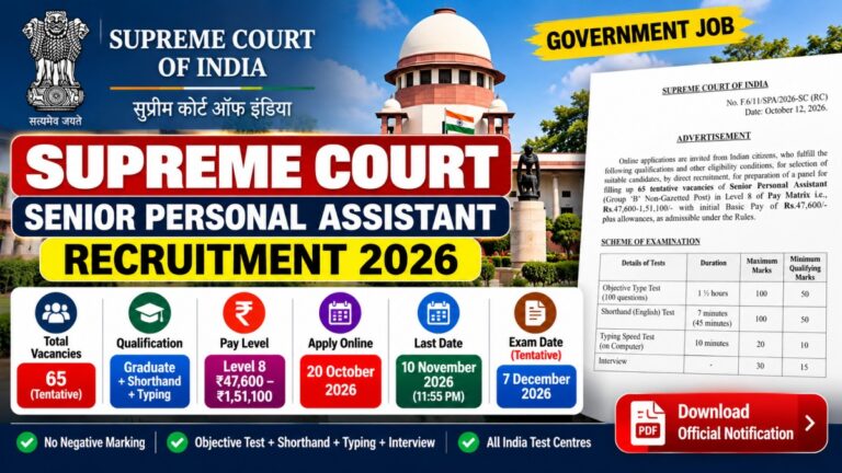 Supreme Court Senior Personal Assistant Recruitment 2026 for 65 vacancies