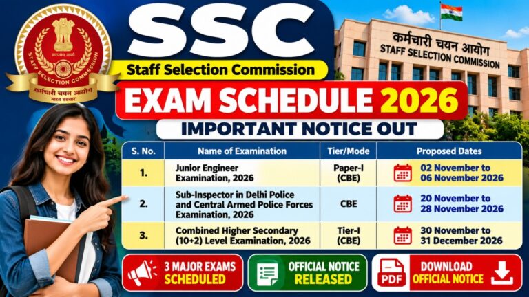 SSC Exam Schedule 2026 for JE SI and CHSL examinations